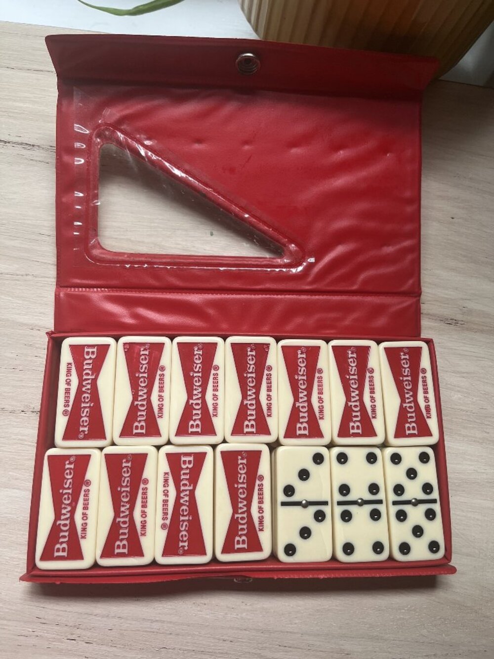 Vintage Double Six Dominoes Budweiser "King Of Beers" Logo In Red Vinyl Snap Cas